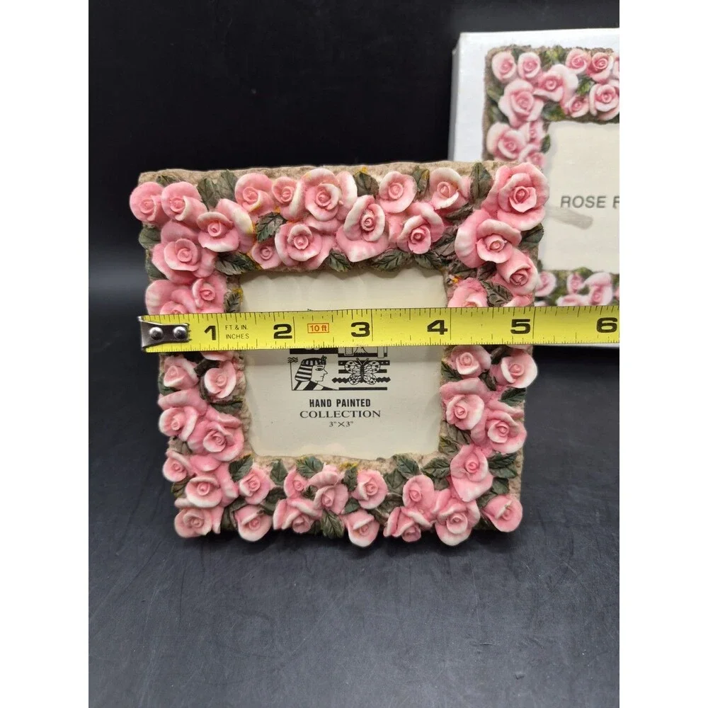 Vintage Pink Rose Floral Ceramic Photo Frame 3D Roses Shabby Chic Cottagecore